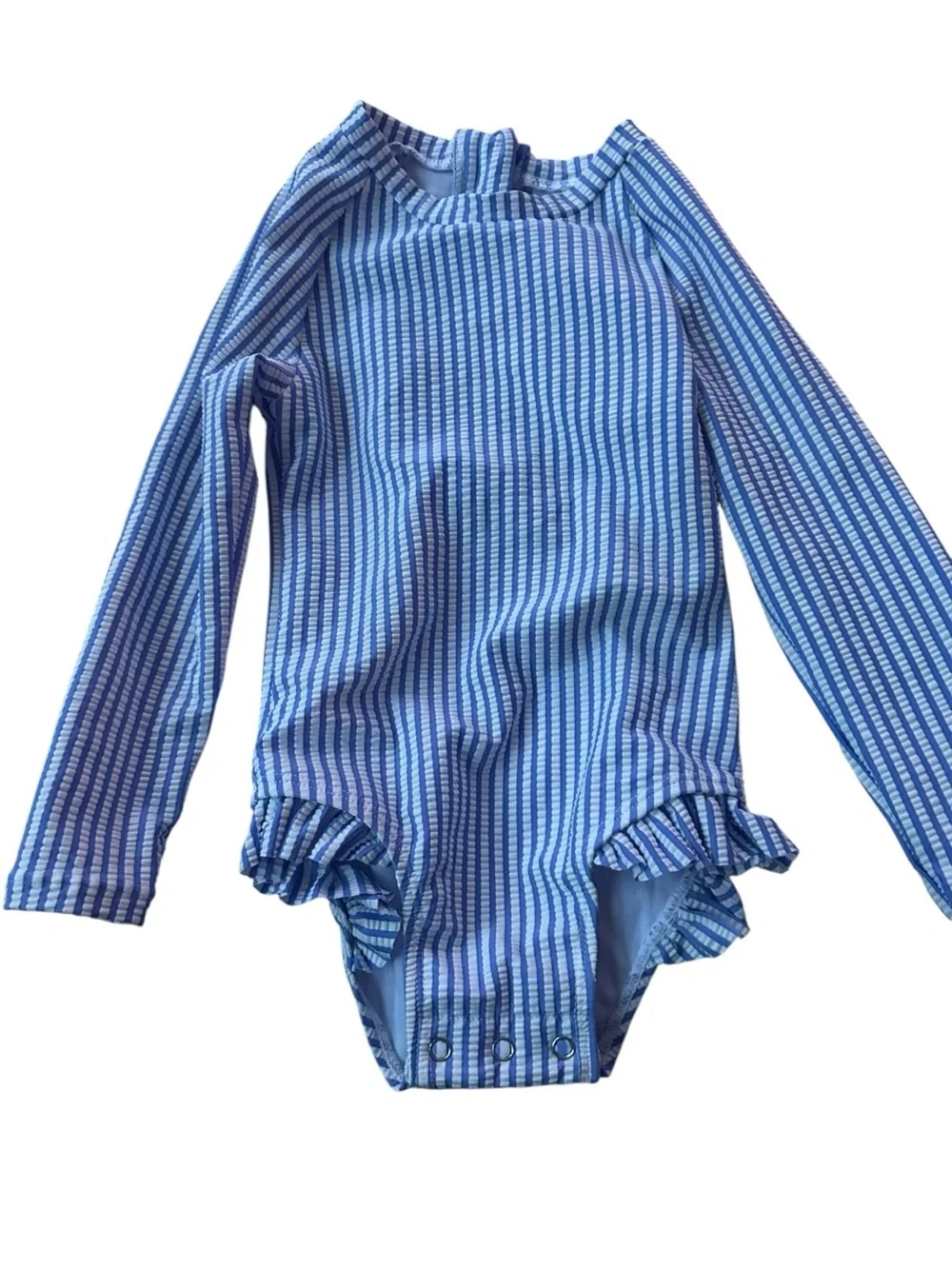 Long-Sleeve Blue Striped One-Piece Swimsuit with Ruffle Hips